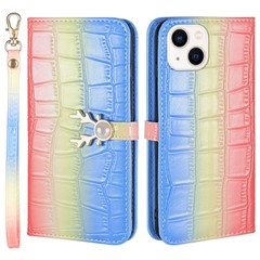 For iPhone 14 Protective Case Gradient Crocodile Texture Deer Decor Phone Shell with Stand - Blue