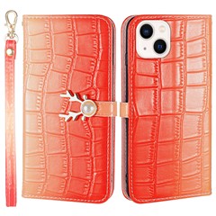 For iPhone 13 Crocodile Texture Case Gradient Color Leather Phone Cover with Strap - Red