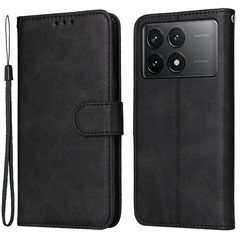 For Xiaomi Poco F6 Pro 5G / Redmi K70 5G / K70 Pro 5G Case Leather Cover Wallet Stand Phone Shell with Strap - Black