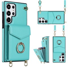 For Samsung Galaxy S23 Ultra Case PU Leather+TPU Kickstand Phone Cover with Shoulder and Wrist Straps - Mint Green