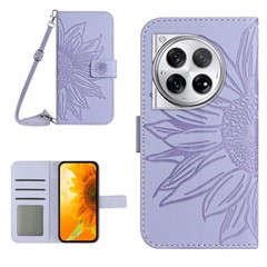 HT04 For OnePlus 12 5G PU Leather Case Sunflower Imprinted Phone Cover with Shoulder Strap - Light Purple