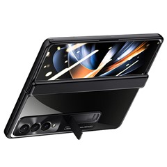 For Samsung Galaxy Z Fold4 5G Phone Case Electroplating Kickstand Cover with HD Clear Screen Protector - Black