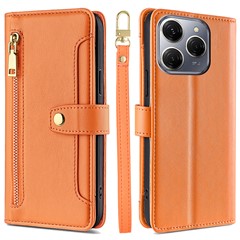 For TECNO Spark 20 Pro Case Zipper Pocket PU Leather Phone Wallet Cover with Shoulder Wrist Straps - Orange