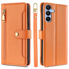 For Samsung Galaxy A15 4G / A15 5G Magnetic Phone Case Zipper Pocket 6 Card Holders Cover - Orange