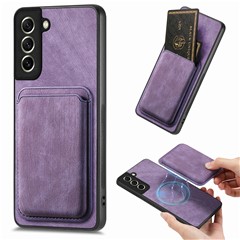 For Samsung Galaxy S21 FE 5G Magnetic Case Leather Back Cover with Detachable Card Holder - Purple