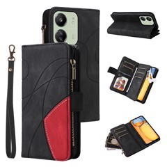 For Xiaomi Redmi 13C 4G / 13C 5G / 13R 5G / Poco M6 5G / Poco C65 4G Leather Case with Strap Zipper 9 Card Slot Phone Cover Stand - Black