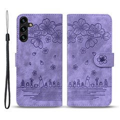Cell Phone Case for Samsung Galaxy A35 5G Shell Imprinted Flower Cat Wallet Cover - Purple
