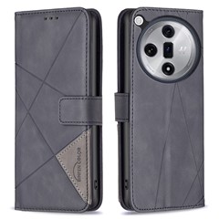 BINFEN COLOR For Oppo Find X7 Ultra Phone Cases Wallet Stand Geometry Imprint Leather Cover - Black