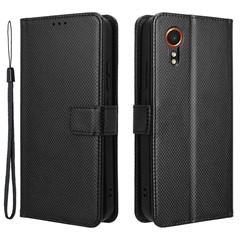 For Samsung Galaxy Xcover7 Case Diamond Texture Leather Phone Stand Cover - Black