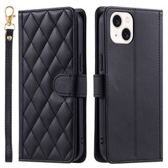 For iPhone 14 Leather Case Rhombus Grid Pattern Phone Wallet Cover - Black
