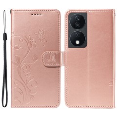 For Honor X7b 4G / 90 Smart PU Leather Cases Flower Pattern Wallet Stand Phone Cover with Strap - Rose Gold