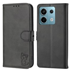 For Xiaomi Redmi Note 13 Pro 5G / Poco X6 5G Leather Case Happy Cat Pattern Folding Stand Phone Cover - Black