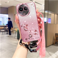 KADEM For Realme 11 5G (Global) / 11x 5G Cover Rhinestone Flower Glitter TPU Back Case with Lanyard - Rose Gold