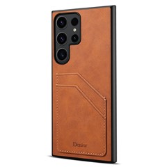 DENIOR For Samsung Galaxy S23 Ultra Case PU Leather Coated PC+TPU Dual Card Holders Phone Cover - Brown