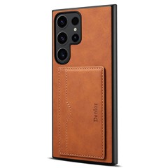 DENIOR For Samsung Galaxy S23 Ultra Magnetic Case Retro Card Holder Kickstand Back Shell - Brown