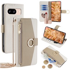 For Google Pixel 8 Case PU Leather+TPU Crossbody Phone Cover with Mirror - White