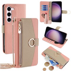 For Samsung Galaxy S23+ Case PU Leather Zipper Wallet Phone Cover with Crossbody Chain - Pink