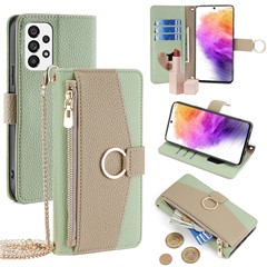 For Samsung Galaxy A73 5G Zipper Flip Cover PU Leather Phone Case with Crossbody Strap - Green