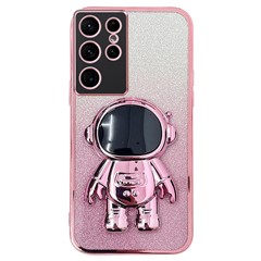 For Samsung Galaxy S23 Ultra Case Astronaut Kickstand Electroplating Glitter Cover - Pink