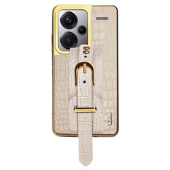 For Xiaomi Redmi Note 13 Pro+ 5G Cell Phone Case Electroplated Leather+TPU Wristband Kickstand Cover - White