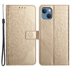 For iPhone 14 Plus Wallet Case Flower Pattern Flip Design Phone Protector - Gold
