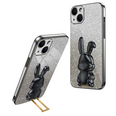 For iPhone 14 Plus Shockproof Cute Rabbit Glitter Case Phone Cover with Kickstand - Black