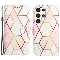 For Samsung Galaxy S24 Ultra Leather Case with Shoulder Strap Marble Pattern Phone Stand Cover - Pink / White LS002