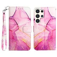 For Samsung Galaxy S24 Ultra Case with Strap Marble Pattern Leather Phone Cover Card Holder - Pink+Purple+Gold LS001