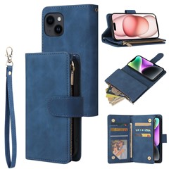 For iPhone 15 Plus Cell Phone Case Multiple Card Slots Zipper Wallet Leather Protection Cover - Blue