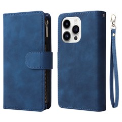 For iPhone 15 Pro Cell Phone Case Zipper Wallet PU Leather Stand Drop Resistant Cover - Blue