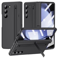 For Samsung Galaxy Z Fold5 5G Full Guard Case Hard PC Kickstand Phone Cover with Glass Film, Stylus - Black
