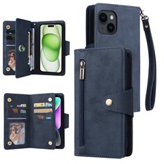 For iPhone 15 Plus Wallet Rivet Decor PU Leather Case Stand Phone Cover - Blue