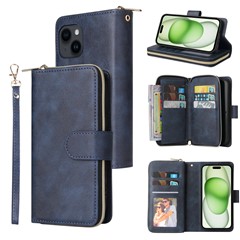 For iPhone 15 Plus Mobile Phone Stand Cover Zipper Pocket Case 9 Card Slots PU Leather Wallet - Blue