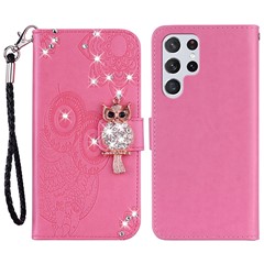 For Samsung Galaxy S24 Ultra Wallet Case Owl Flower Imprinted Rhinestone Leather Cover - Rose