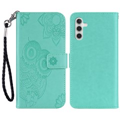 For Samsung Galaxy S24 Walelt Leather Case Flower Owl Imprinted Phone Cover - Cyan