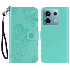 For Xiaomi Redmi Note 13 4G Wallet Phone Case Owl Flower Imprinted PU Leather Cover - Cyan