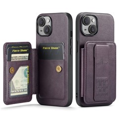 For iPhone 15 Case Waxy Leather+TPU Phone Cover with RFID Blocking Card Slots Kickstand - Purple