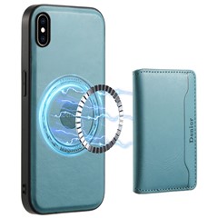 DENIOR For iPhone XS Max 6.5 inch Case Kickstand Cowhide Texture Phone Purse Cover Compatible with MagSafe - Blue