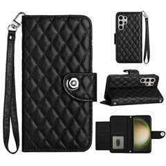 For Samsung Galaxy S24 Ultra Leather Case Phone Stand Cover with 7 Card Slots and Hand Strap - Black