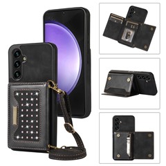 For Samsung Galaxy S23 Case Leather+TPU Kickstand Cover with Lanyard RFID Blocking Wallet - Black