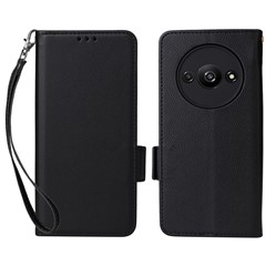 For Xiaomi Redmi A3 4G / Poco C61 4G Case with Wrist Strap Litchi Texture PU Leather Wallet Phone Cover - Black
