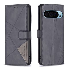 BINFEN COLOR For Google Pixel 9 / Pixel 9 Pro Phone Cases Wallet Stand Geometry Imprint Leather Cover - Black