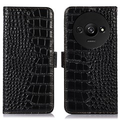 For Xiaomi Redmi A3 / Poco C61 4G Case Genuine Cow Leather Wallet Phone Cover Crocodile Texture - Black