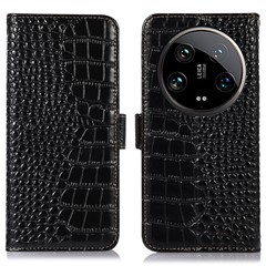 For Xiaomi 14 Ultra Wallet Case RFID Blocking Genuine Cow Leather Phone Cover - Black
