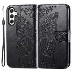For Samsung Galaxy A55 5G Cell Phone Case Butterfly Imprinted Leather Cover - Black