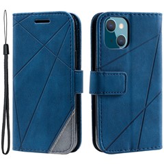 For iPhone 14 Wallet Case Splicing Leather Stand Phone Cover with Hand Strap - Blue
