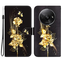For Xiaomi Redmi A3 / Poco C61 4G Magnetic Case Wallet Design Pattern Printing Phone Cover - Gold Butterfly Rose