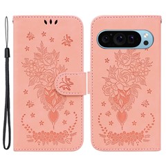 For Google Pixel 9 / Pixel 9 Pro Case Flower Pattern Shockproof Leather Folio Phone Cover - Pink