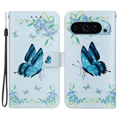Stand Case for Google Pixel 9 / Pixel 9 Pro Pattern Printing PU Leather + TPU Phone Cover - Blue Butterfly Flower