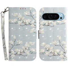 For Google Pixel 9 / Pixel 9 Pro Phone Case Pattern Printed Anti-Drop Leather Folio Flip Cover with Strap - Magnolia